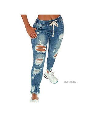 High Waist Skinny Stretch Ripped Jeans Destroyed Denim Pants Plus Size